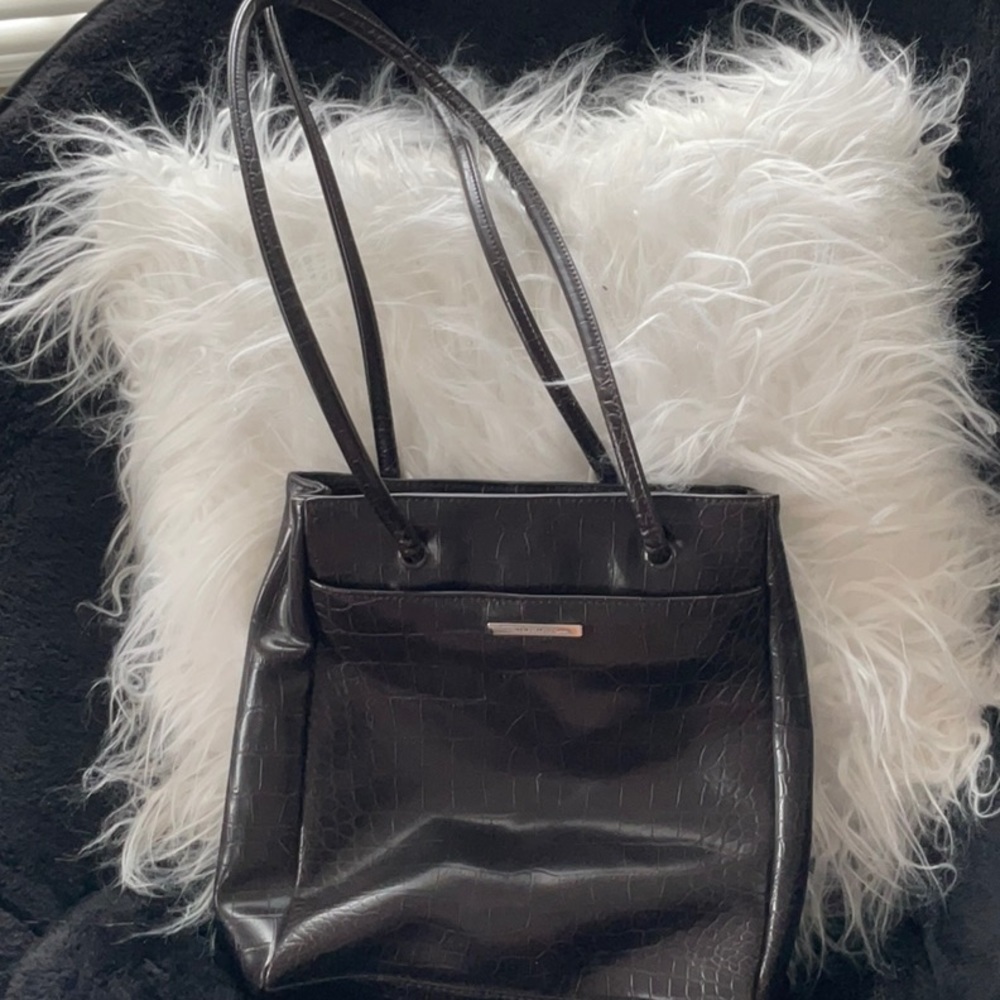 Nine West Dark Brown Vegan Leather Croc Embossed Shoulder Bag